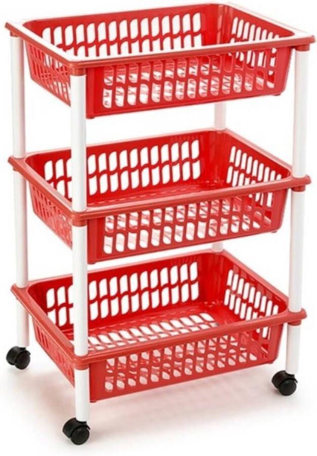 Forte Plastics Opberg trolley roltafel organizer met 3 manden 40 x 30 x 61 5 cm wit rood- Etagewagentje karretje met opbergkratten