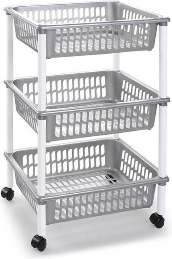 Forte Plastics Opberg trolley roltafel organizer met 3 manden 40 x 30 x 61 5 cm zilver wit Etagewagentje karretje met opbergkratten