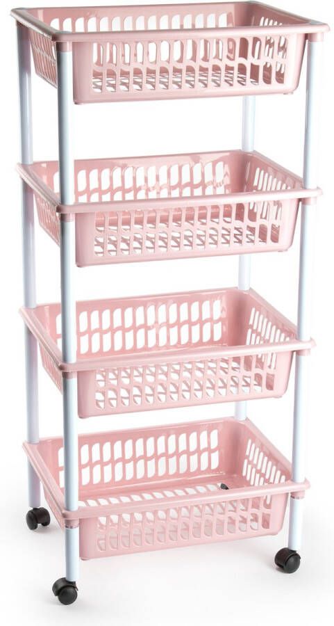 Forte Plastics Opberger organiser trolley roltafel met 4 manden 85 cm oud roze Etagewagentje karretje met opbergkratten