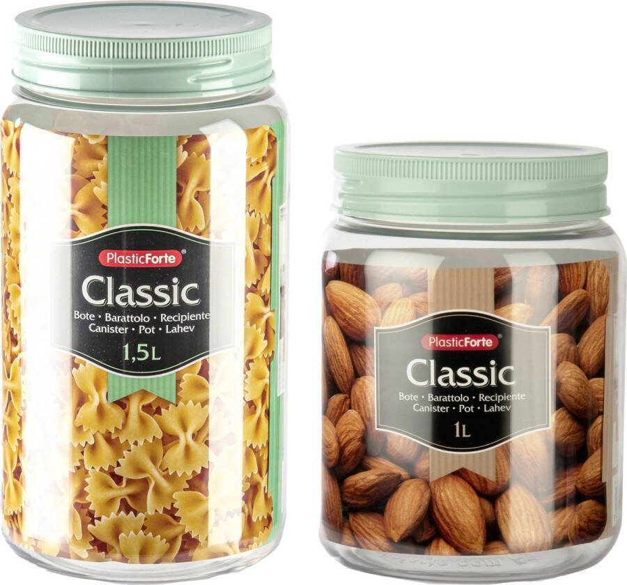 Forte Plastics Voordeelset 6x kunststof keuken voorraadpotten weckpotten 1.0 en 1.5 liter mintgroen deksel