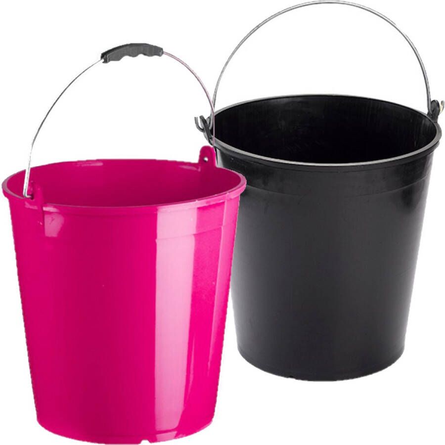 Forte Plastics Roze en zwarte schoonmaakemmers huishoudemmers set 15 liter en 32 x 31 cm set van 2x stuks