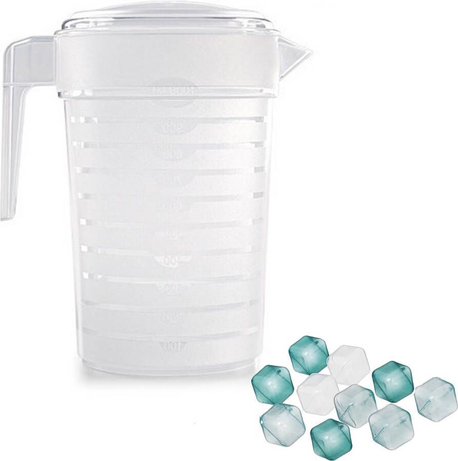 Forte Plastics Waterkan karaf met deksel 10x ijsblokjes herbruikbaar 2L kunststof Schenkkannen