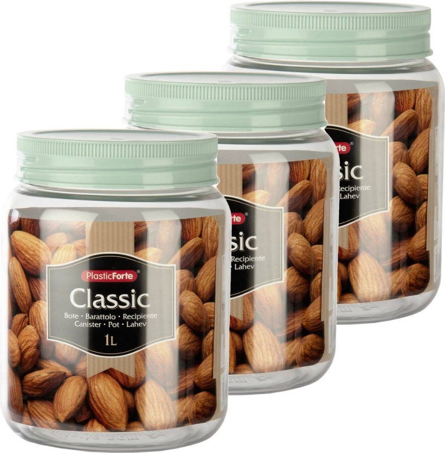 PLASTICFORTE Set van 12x stuks kunststof keuken voorraadpot weckpot mintgroen 1 liter met deksel Formaat: 11 x 14 cm