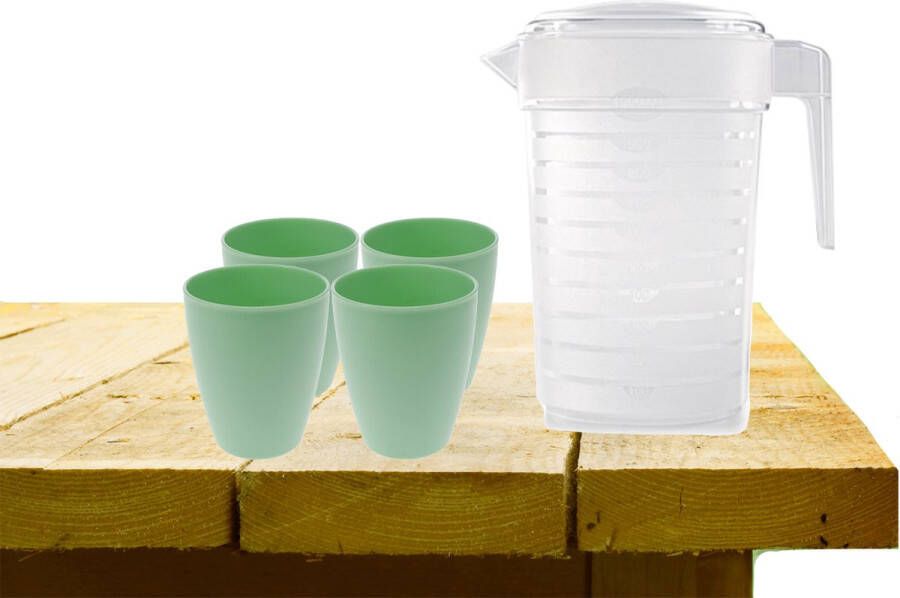 Forte Plastics Set van 1x waterkan 1 liter met 4x drinkbekers kunststof groen Schenkkannen