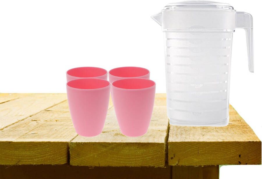 Forte Plastics Set van 1x waterkan 1 liter met 4x drinkbekers kunststof roze Schenkkannen