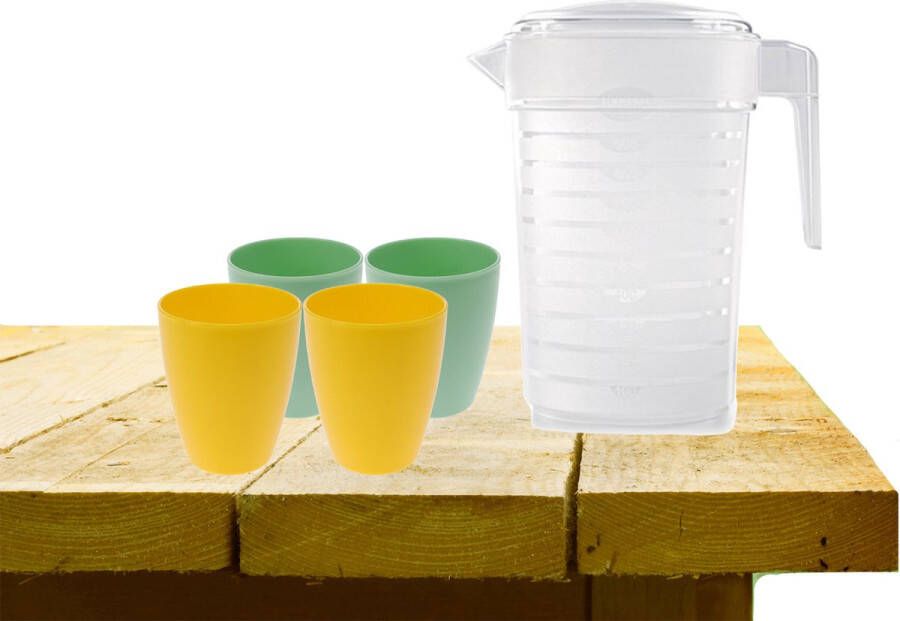Forte Plastics Set van 1x waterkan 1 liter met drinkbekers 2x geel en 2x groen Schenkkannen