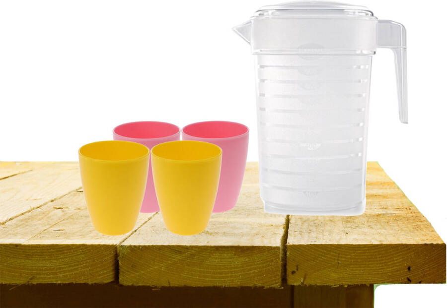 Forte Plastics Set van 1x waterkan 1 liter met drinkbekers 2x roze en 2x geel Schenkkannen