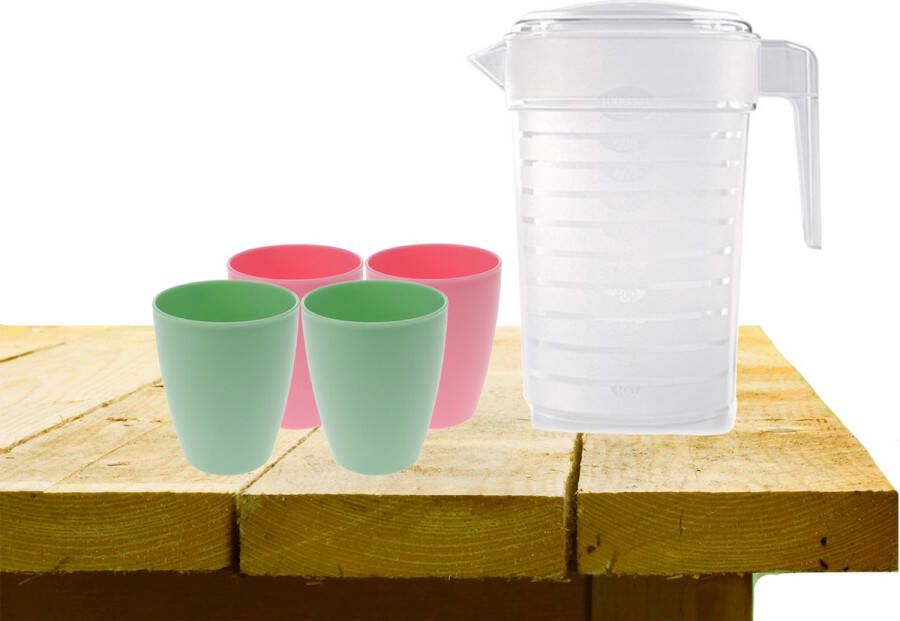 Forte Plastics Set van 1x waterkan 1 liter met drinkbekers 2x roze en 2x groen Schenkkannen