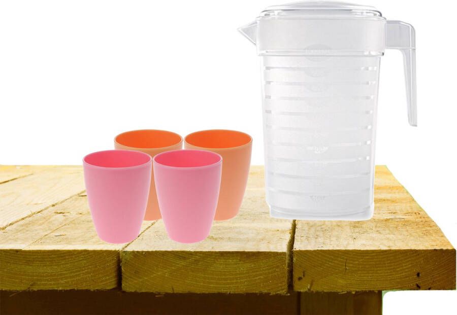 Forte Plastics Set van 1x waterkan 1 liter met drinkbekers 2x roze en 2x oranje Schenkkannen