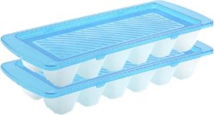 Forte Plastics Set van 2x stuks ijsblokjes ijsklontjes maken bakjes met afsluitbare deksel blauw 28 cm 12 stuks voor gekoelde drankjes