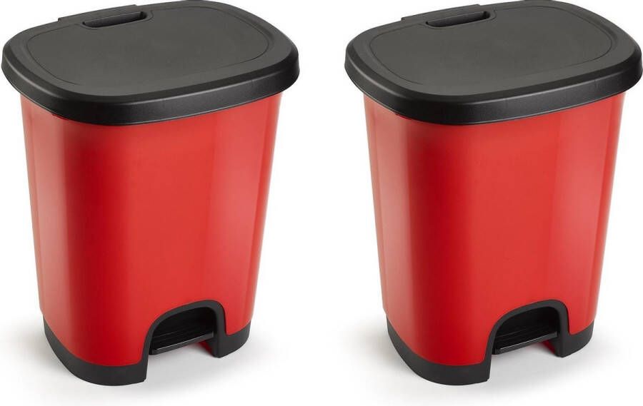 Forte Plastics Set van 2x stuks kunststof afvalemmers vuilnisemmers pedaalemmers in het rood zwart van 27 liter met deksel en pedaal. 38 x 32 x 45 cm.
