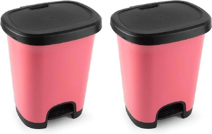 Forte Plastics Set van 2x stuks kunststof afvalemmers vuilnisemmers pedaalemmers in het roze zwart van 27 liter met deksel en pedaal. 38 x 32 x 45 cm.