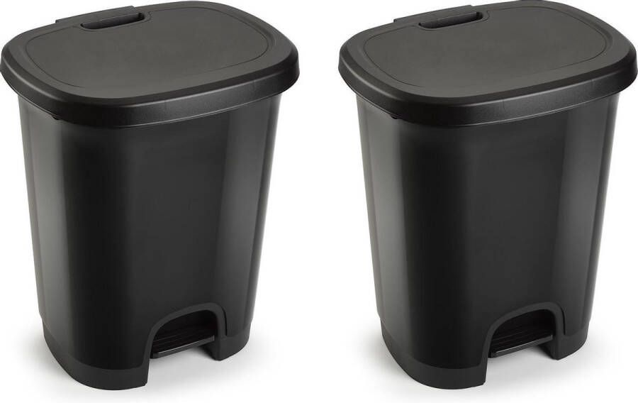 Forte Plastics Set van 2x stuks kunststof afvalemmers vuilnisemmers pedaalemmers in het zwart van 18 liter met deksel en pedaal. 33 x 28 x 40 cm.