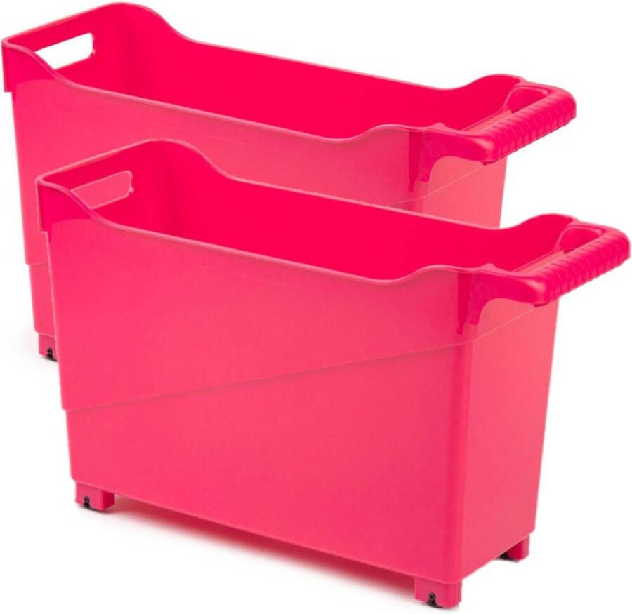 Forte Plastics Set van 2x stuks kunststof trolleys fuchsia roze op wieltjes L45 x B17 x H29 cm Voorraad opberg boxen bakken