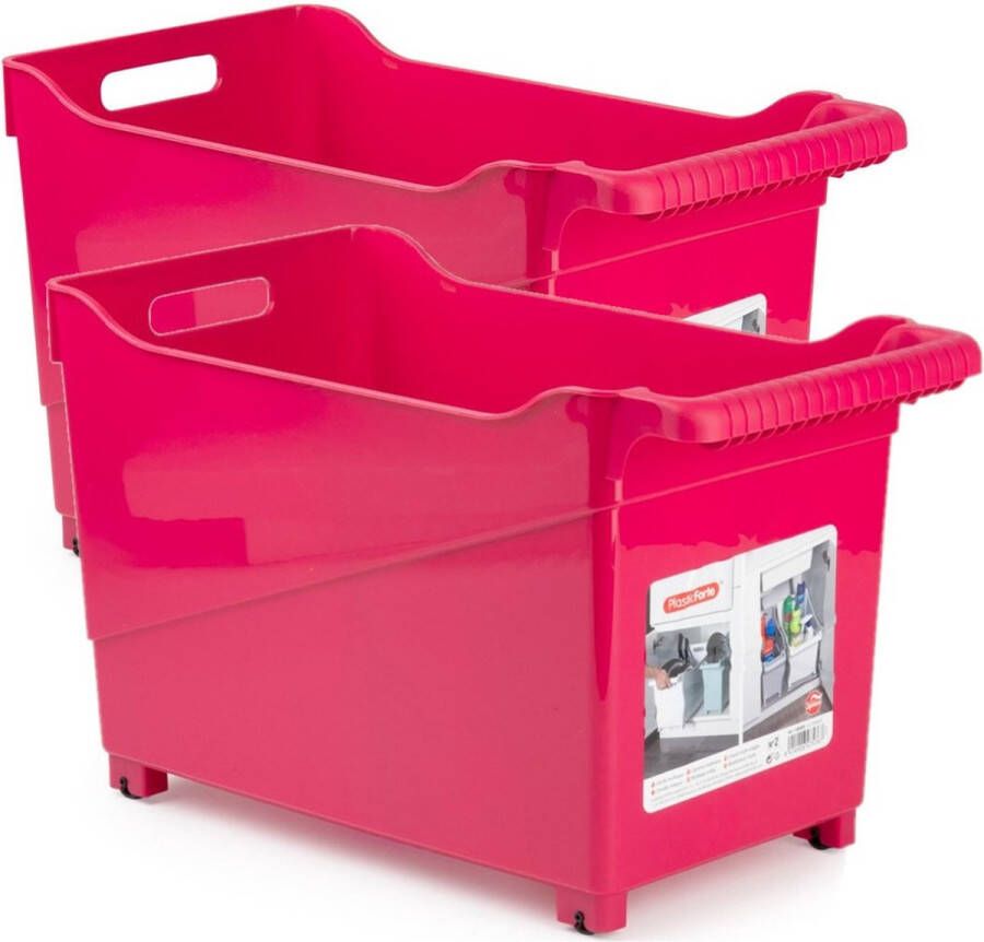 Forte Plastics Set van 2x stuks kunststof trolleys fuchsia roze op wieltjes L45 x B24 x H27 cm Voorraad opberg boxen bakken