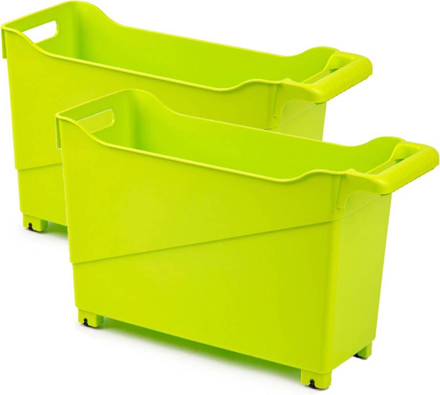 Forte Plastics Set van 2x stuks kunststof trolleys lime groen op wieltjes L45 x B17 x H29 cm Voorraad opberg boxen bakken
