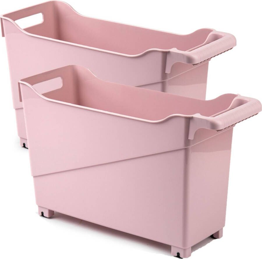 Forte Plastics Set van 2x stuks kunststof trolleys pastel roze op wieltjes L45 x B17 x H29 cm Voorraad opberg boxen bakken