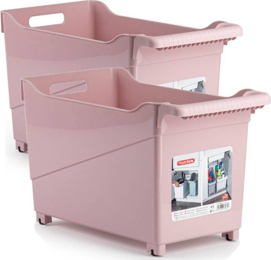 Forte Plastics Set van 2x stuks kunststof trolleys pastel roze op wieltjes L45 x B24 x H27 cm Voorraad opberg boxen bakken