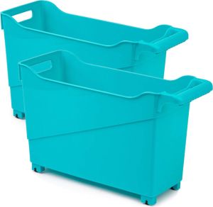 Forte Plastics Set van 2x stuks kunststof trolleys turquoise blauw op wieltjes L45 x B17 x H29 cm Voorraad opberg boxen bakken