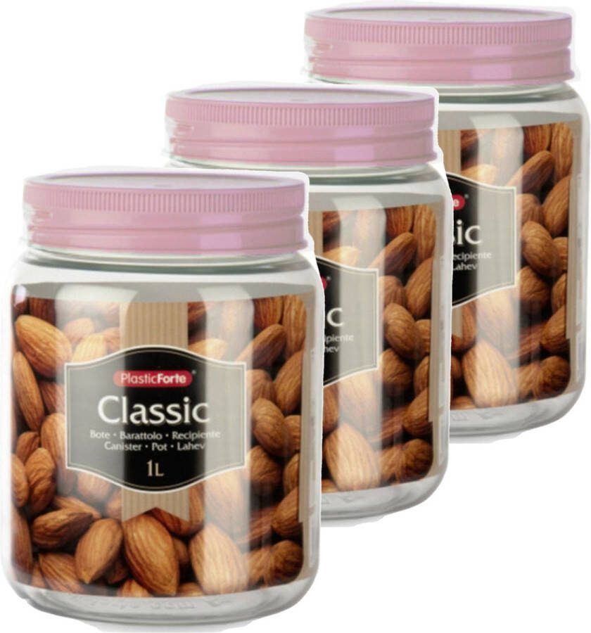 Forte Plastics Set van 4x stuks kunststof keuken voorraadpot weckpot oud roze 1 liter met deksel Formaat: 11 x 14 cm