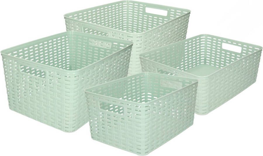 Forte Plastics Set van 4x stuks opbergboxen opbergmandjes rotan mintgroen kunststof met inhoud 10 12 18 28 liter