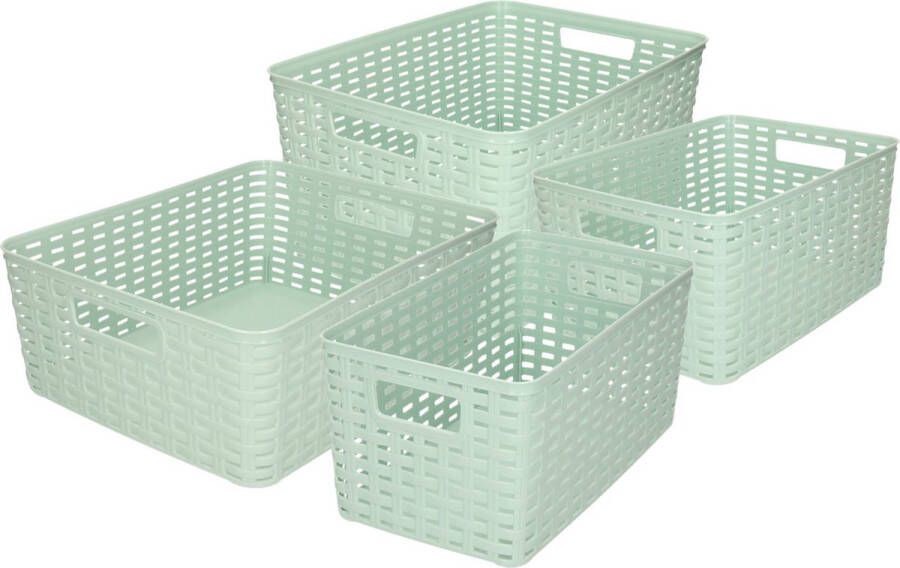 Forte Plastics Set van 4x stuks opbergboxen opbergmandjes rotan mintgroen kunststof met inhoud 5 10 12 18 liter