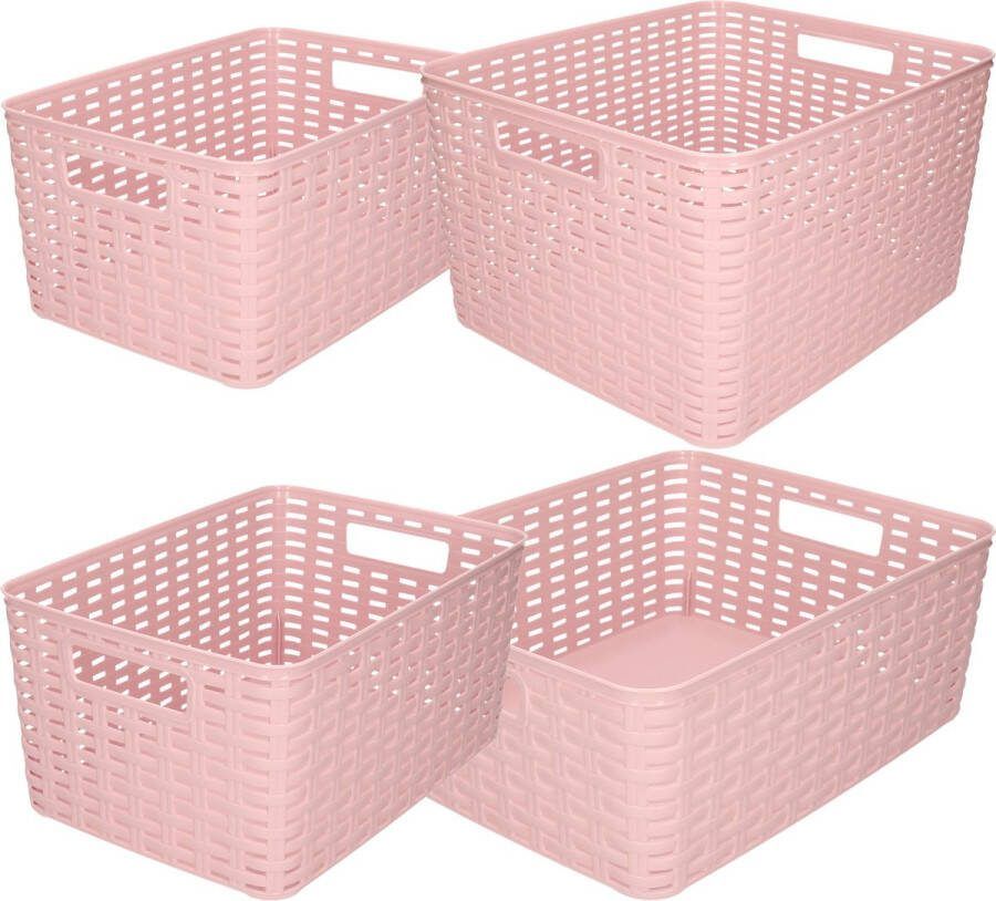 Forte Plastics Set van 4x stuks opbergboxen opbergmandjes rotan oud roze kunststof met inhoud 10 12 18 28 liter