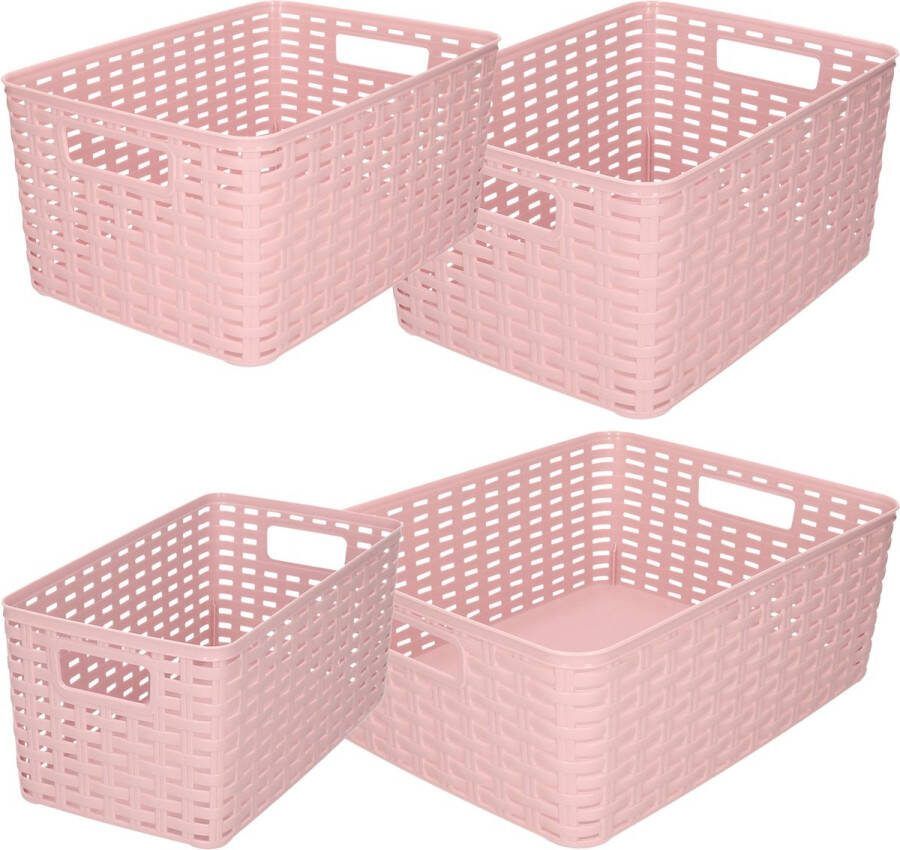 Forte Plastics Set van 4x stuks opbergboxen opbergmandjes rotan oud roze kunststof met inhoud 5 10 12 18 liter