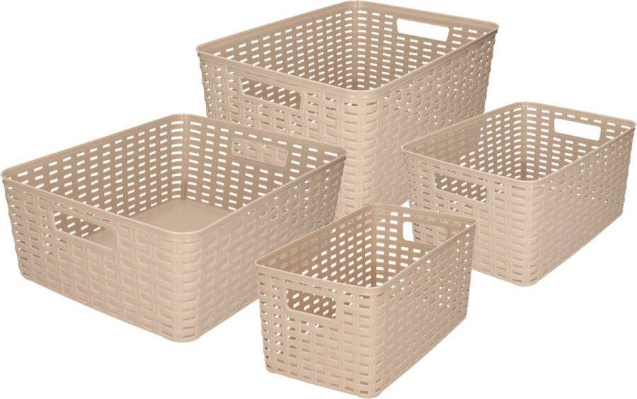 Forte Plastics Set van 4x stuks opbergboxen opbergmandjes rotan taupe kunststof met inhoud 5 10 12 18 liter