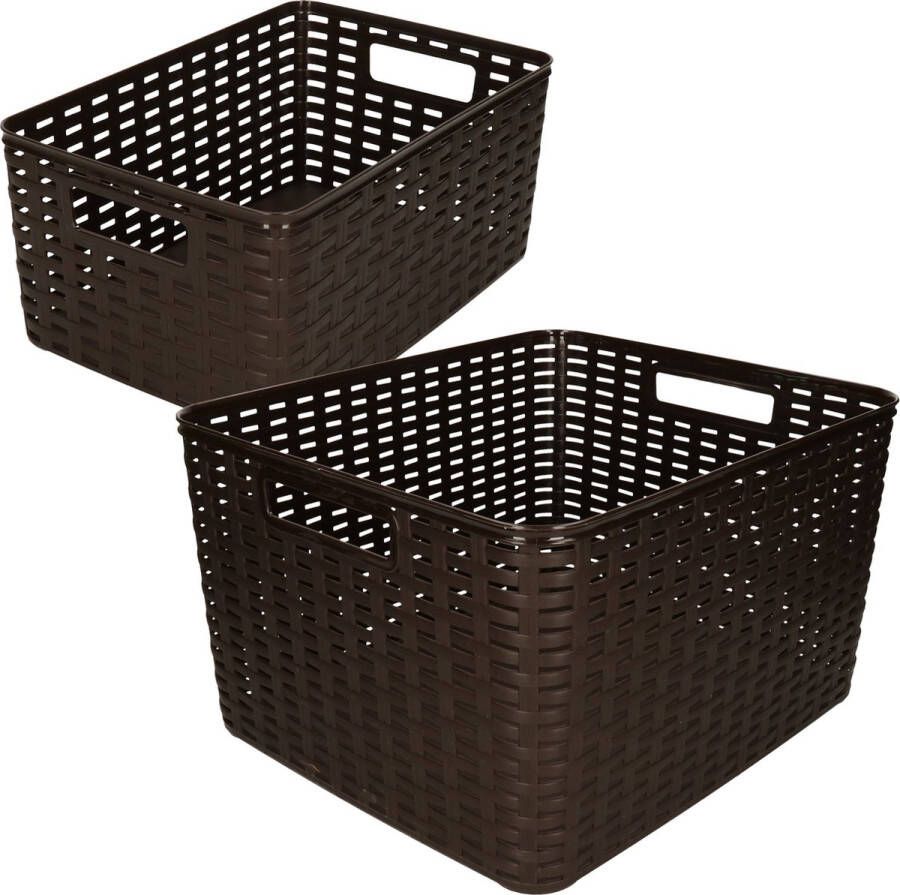 Forte Plastics Set van 5x stuks opbergboxen opbergmandjes rotan donkerbruin kunststof met inhoud 10 en 18 liter