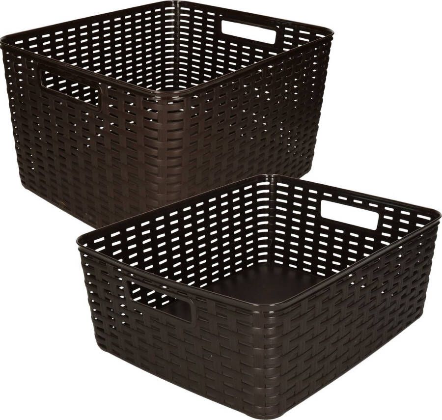 Forte Plastics Set van 5x stuks opbergboxen opbergmandjes rotan donkerbruin kunststof met inhoud 12 en 18 liter