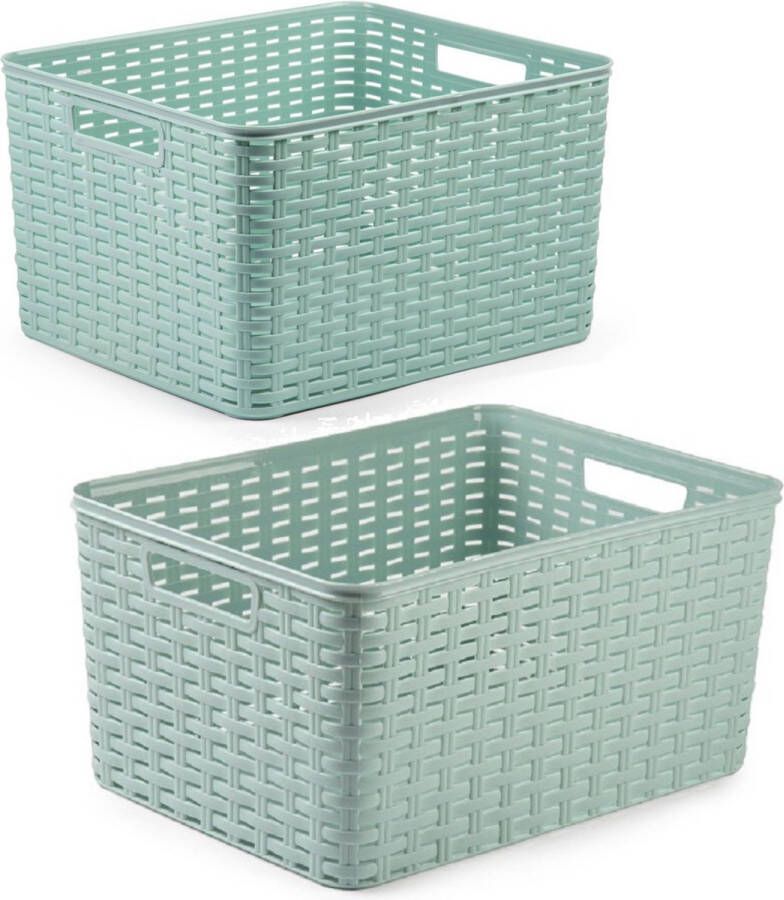 Forte Plastics Set van 5x stuks opbergboxen opbergmandjes rotan mintgroen kunststof met inhoud 18 en 28 liter
