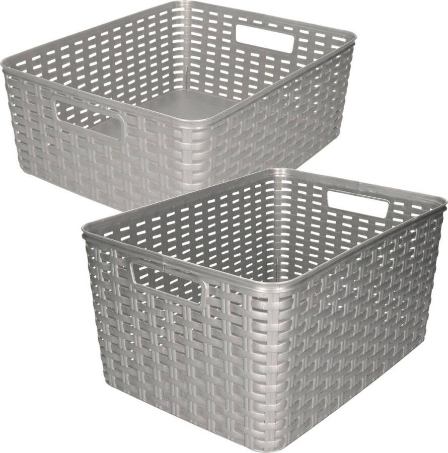 Forte Plastics Set van 5x stuks opbergboxen opbergmandjes rotan zilver kunststof met inhoud 12 en 18 liter