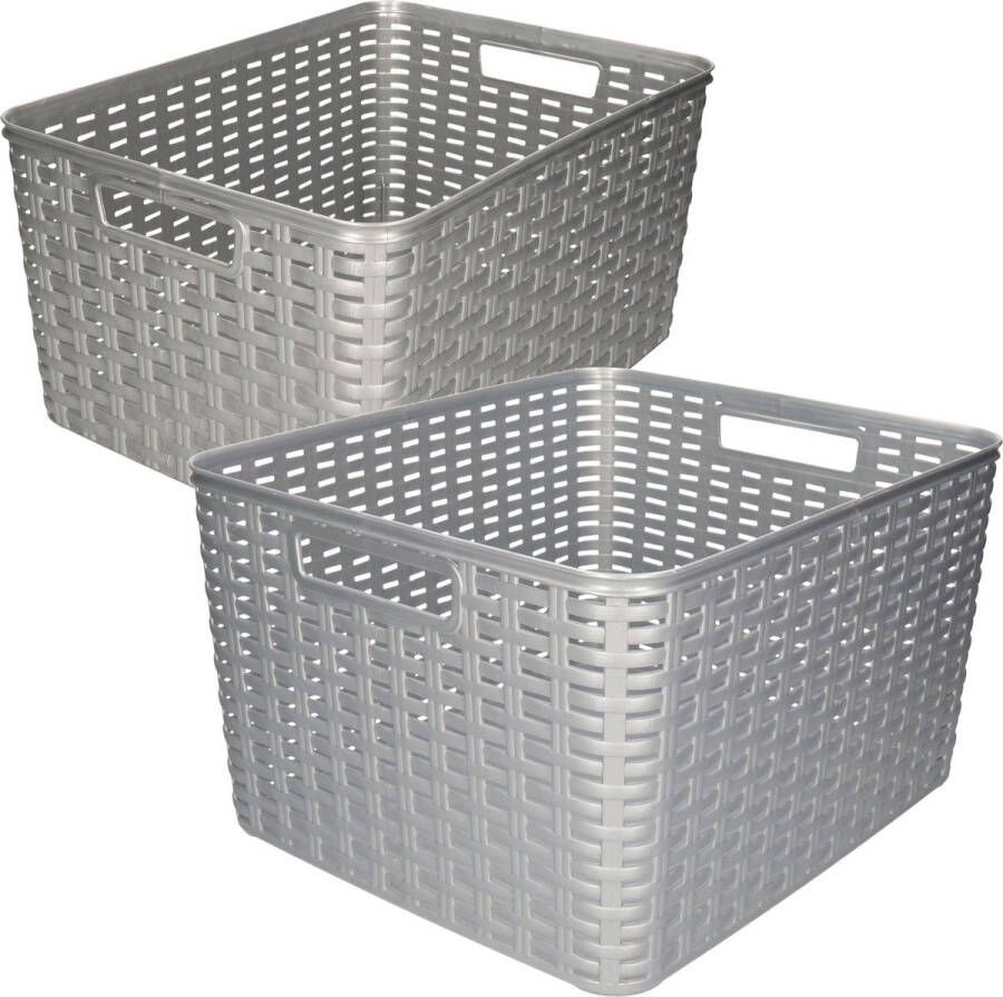 Forte Plastics Set van 5x stuks opbergboxen opbergmandjes rotan zilver kunststof met inhoud 18 en 28 liter