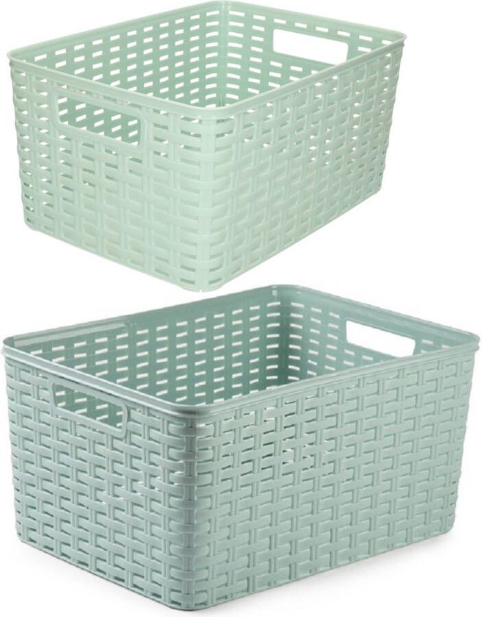 Forte Plastics Set van 6x stuks opbergboxen opbergmandjes rotan mintgroen kunststof met inhoud 10 en 18 liter