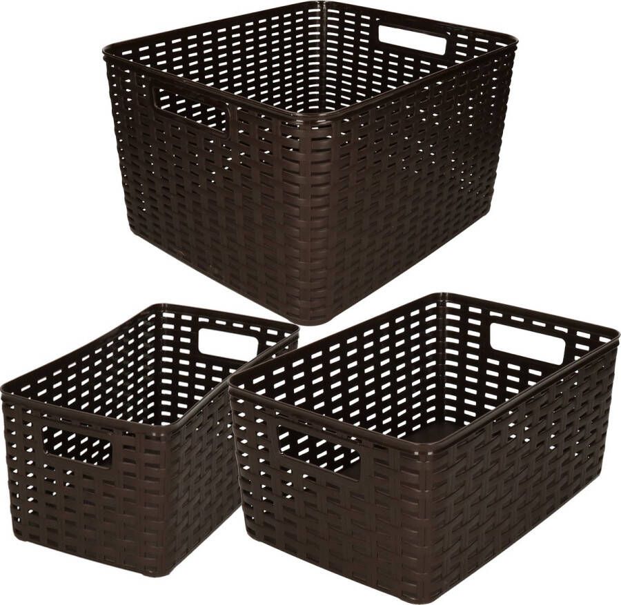 Forte Plastics Set van 8x stuks opbergboxen opbergmandjes rotan donkerbruin kunststof met inhoud 5 en 10 en 18 liter