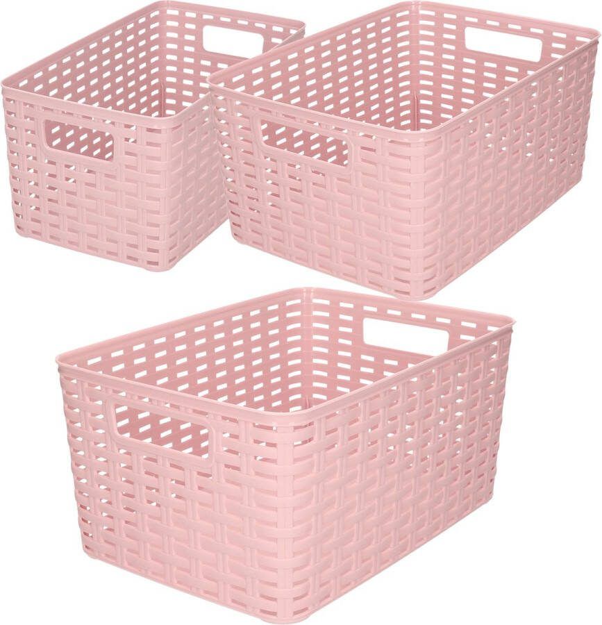 Forte Plastics Set van 8x stuks opbergboxen opbergmandjes rotan oud roze kunststof met inhoud 5 en 10 en 18 liter