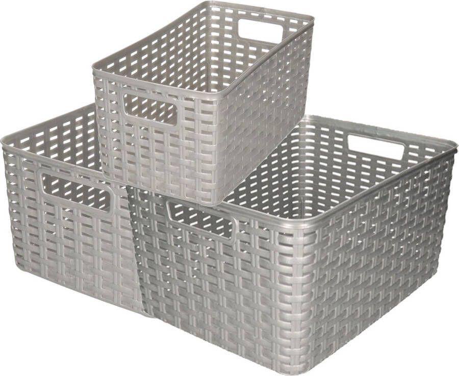 Forte Plastics Set van 8x stuks opbergboxen opbergmandjes rotan zilver kunststof met inhoud 5 en 10 en 18 liter