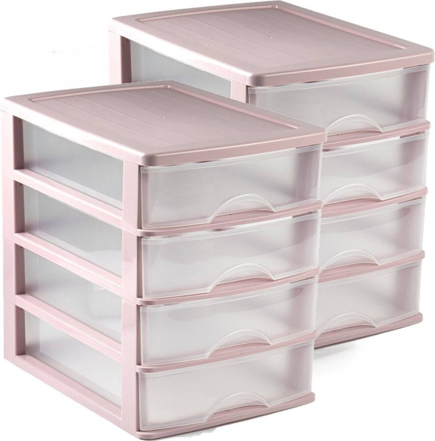 Forte Plastics Setje van 2x stuks organizer ladeblokje 4-lades roze transparant 35 x 27 x 35 cm van plastic