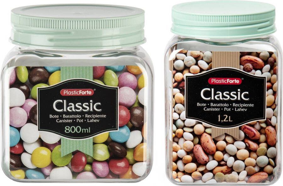 Forte Plastics Voordeelset 6x kunststof keuken voorraadpotten weckpotten 0.8 en 1.2 liter mintgroen deksel
