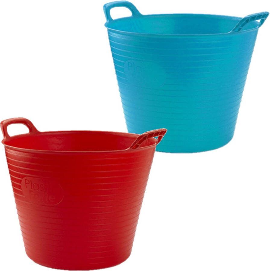 Forte Plastics Voordeelset van 2x stuks kunststof flexibele emmers wasmanden kuipen 25 liter in het rood blauw 42 x 33 cm