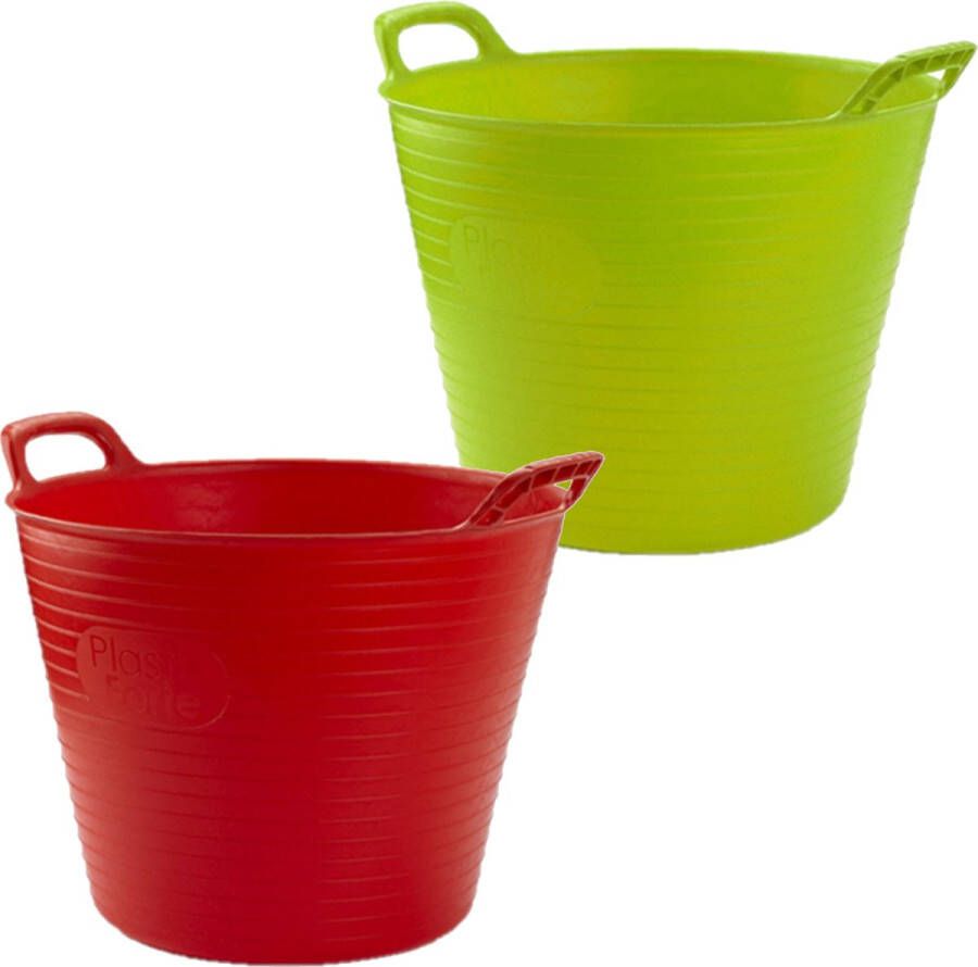 Forte Plastics Voordeelset van 2x stuks kunststof flexibele emmers wasmanden kuipen 25 liter in het rood groen 42 x 33 cm