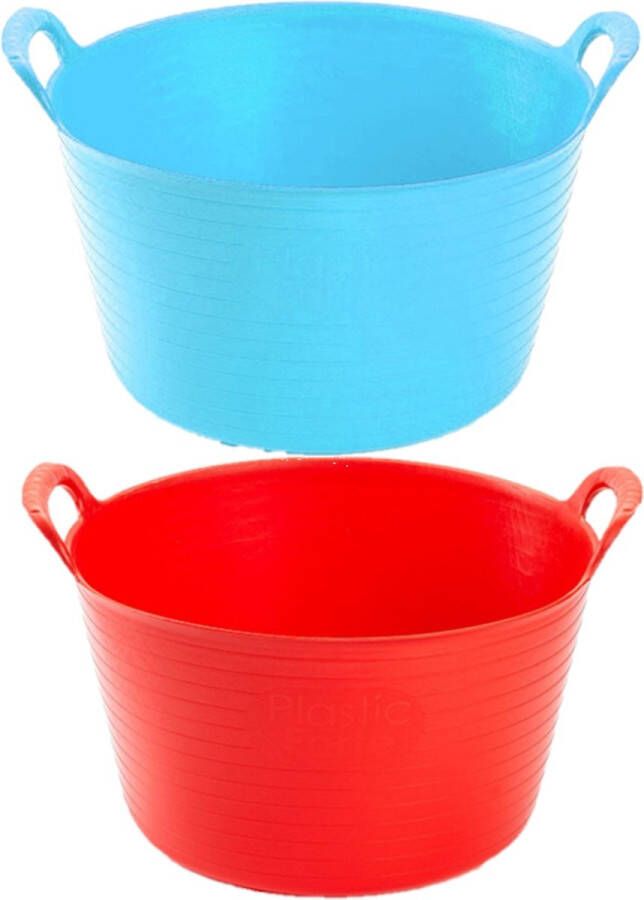 Forte Plastics Voordeelset van 2x stuks kunststof flexibele emmers wasmanden kuipen 26 liter in het rood blauw 44 x 27 cm