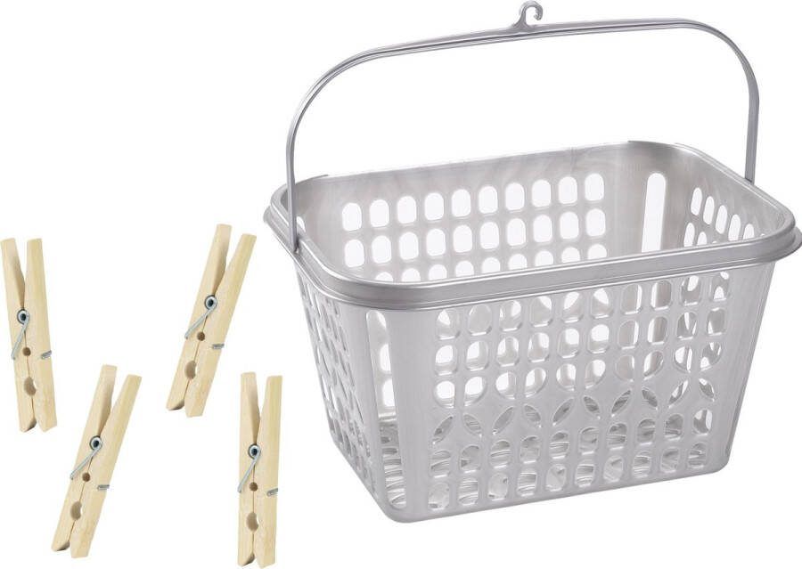 Forte Plastics Wasknijper mandje bakje zilver inclusief 48x wasknijpers hout knijperszakken
