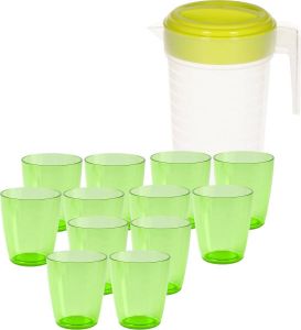 Forte Plastics Water of limonade schenkkan 2 liter met 12x kunststof groene glazen van 400 ML voordeelset