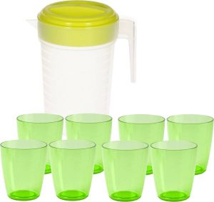 Forte Plastics Water of limonade schenkkan 2 liter met 8x kunststof groene glazen van 400 ML voordeelset