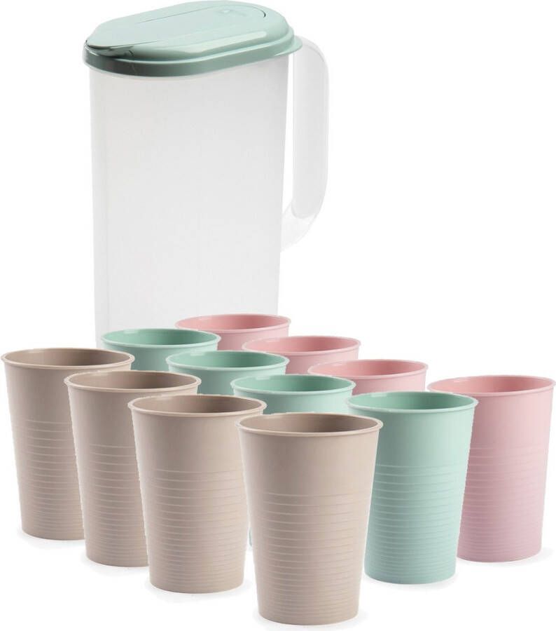Forte Plastics Water of limonade schenkkan sapkan 2 liter met 12x kunststof mix-colors glazen van 360 ML voordeelset