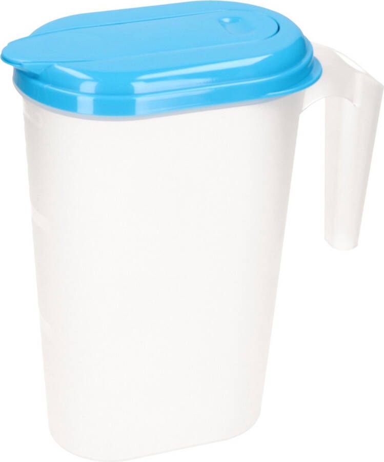 Forte Plastics Waterkan sapkan transparant blauw met deksel 1.6 liter kunststof Smalle schenkkan die in de koelkastdeur past