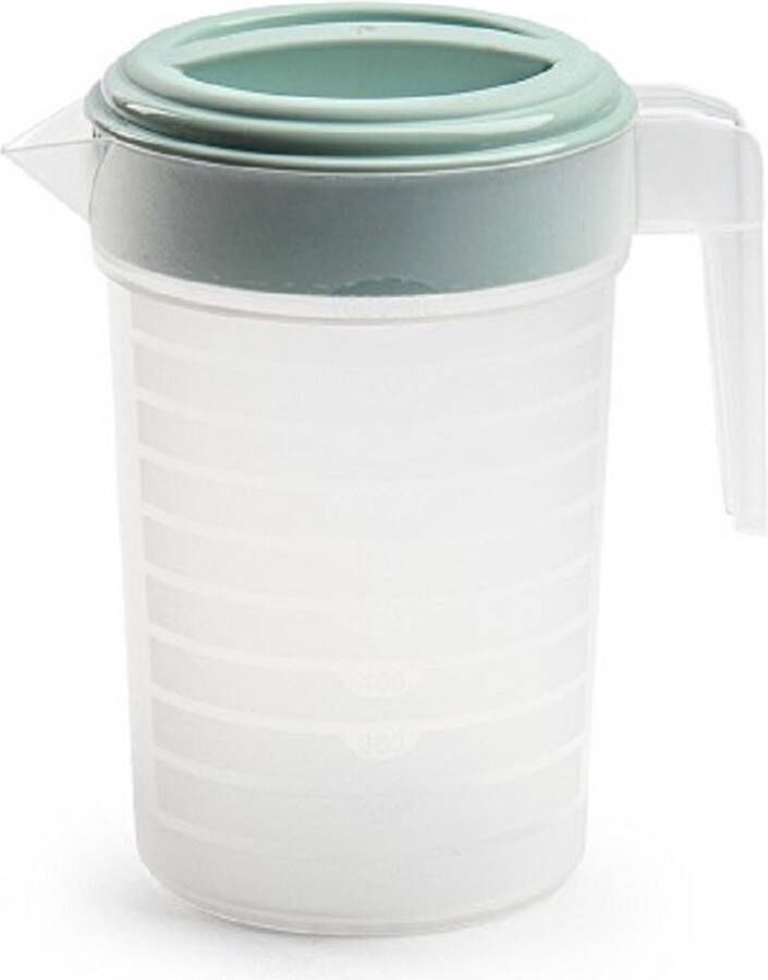 Forte Plastics Waterkan sapkan transparant mintgroen met deksel 1 liter kunststof Smalle schenkkan die in de koelkastdeur past