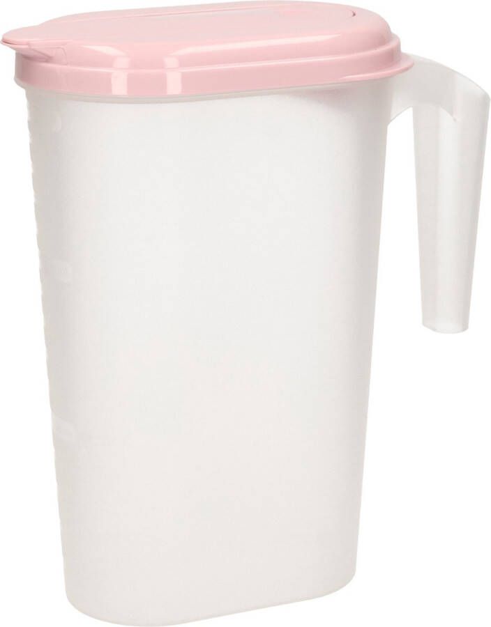 Forte Plastics Waterkan sapkan transparant roze met deksel 1.6 liter kunststof Smalle schenkkan die in de koelkastdeur past